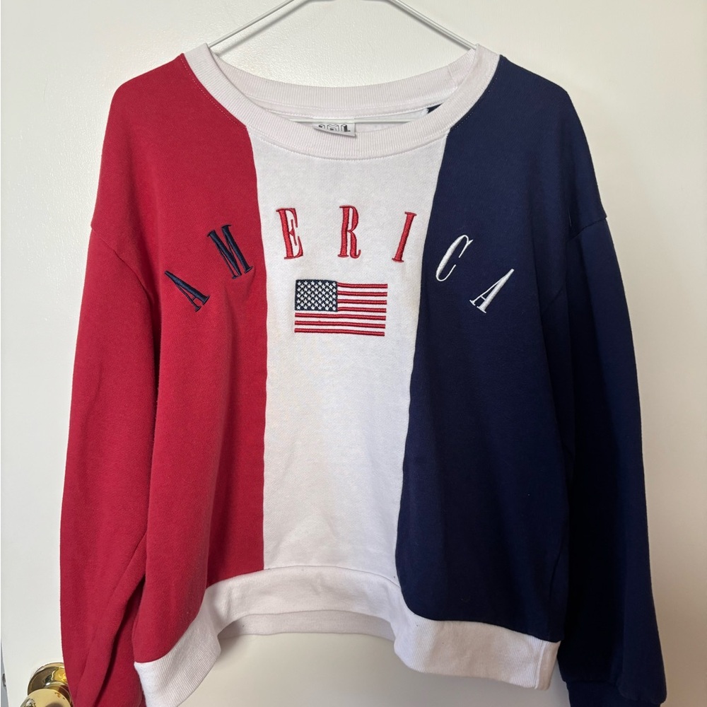 America Flag Colorblock Crewneck Sweater - Red White Navy